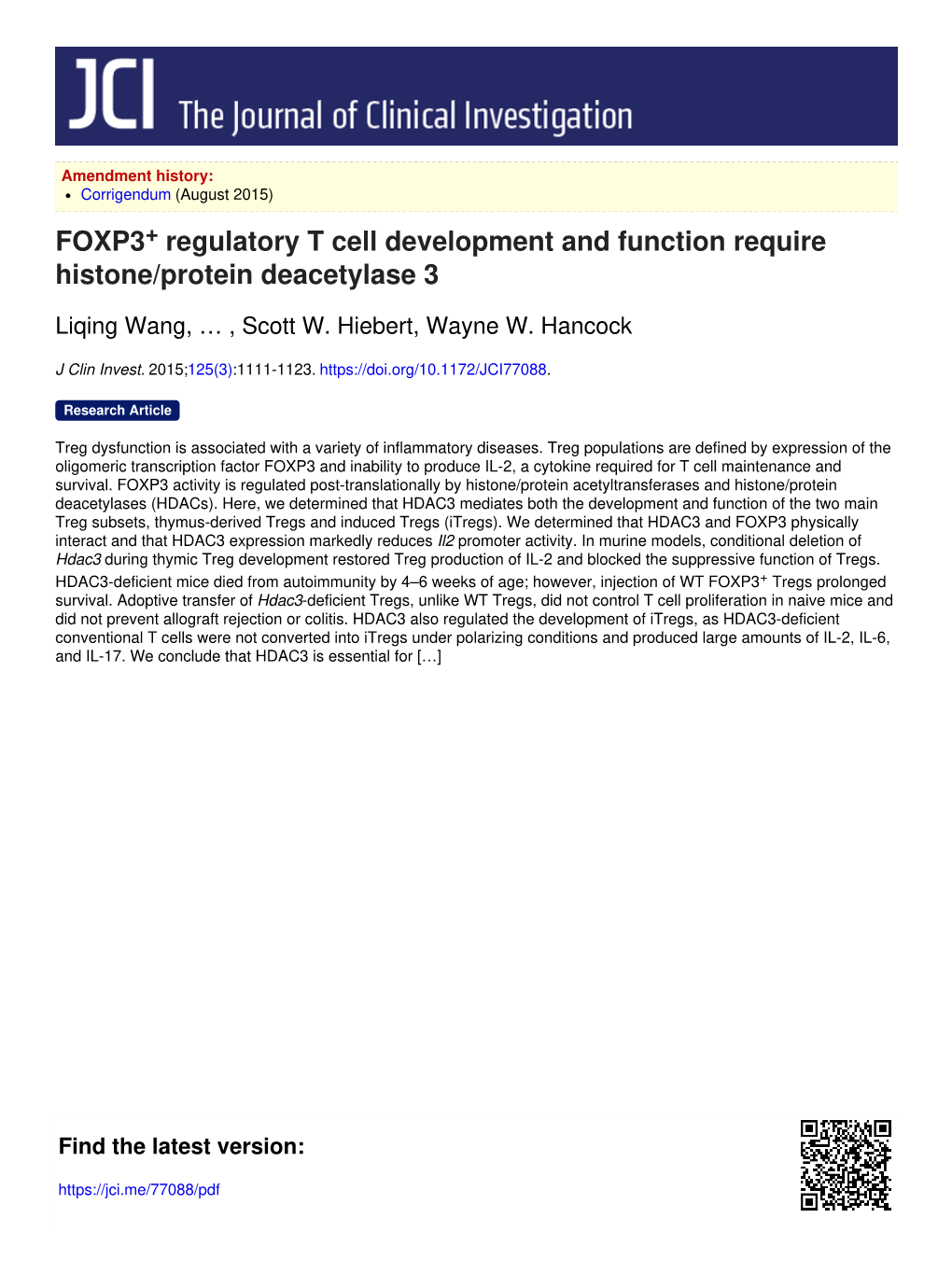 FOXP3+ Regulatory T Cell Development and Function Require Histone/Protein Deacetylase 3
