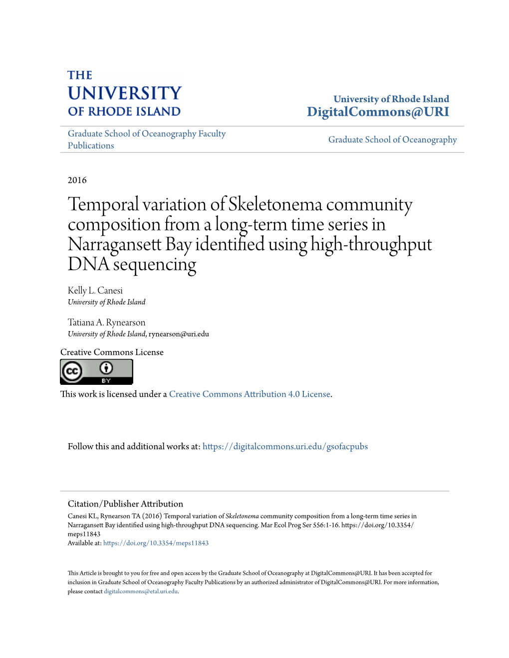 Temporal Variation of Skeletonema Community Composition from a Long-Term Time Series in Narragansett Ab Y Identified Sinu G High-Throughput DNA Sequencing Kelly L