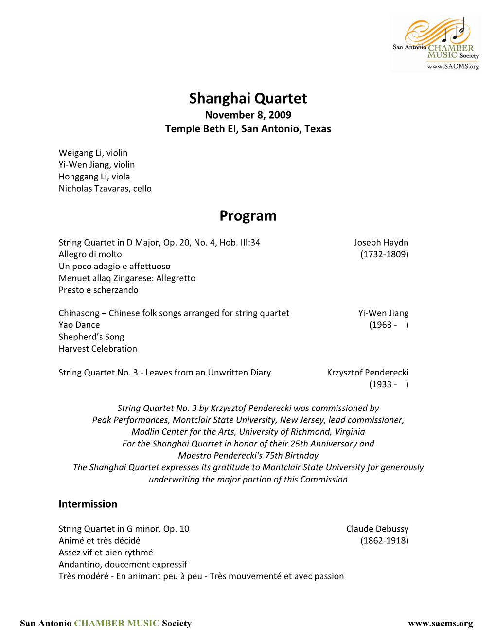 Shanghai Quartet Program