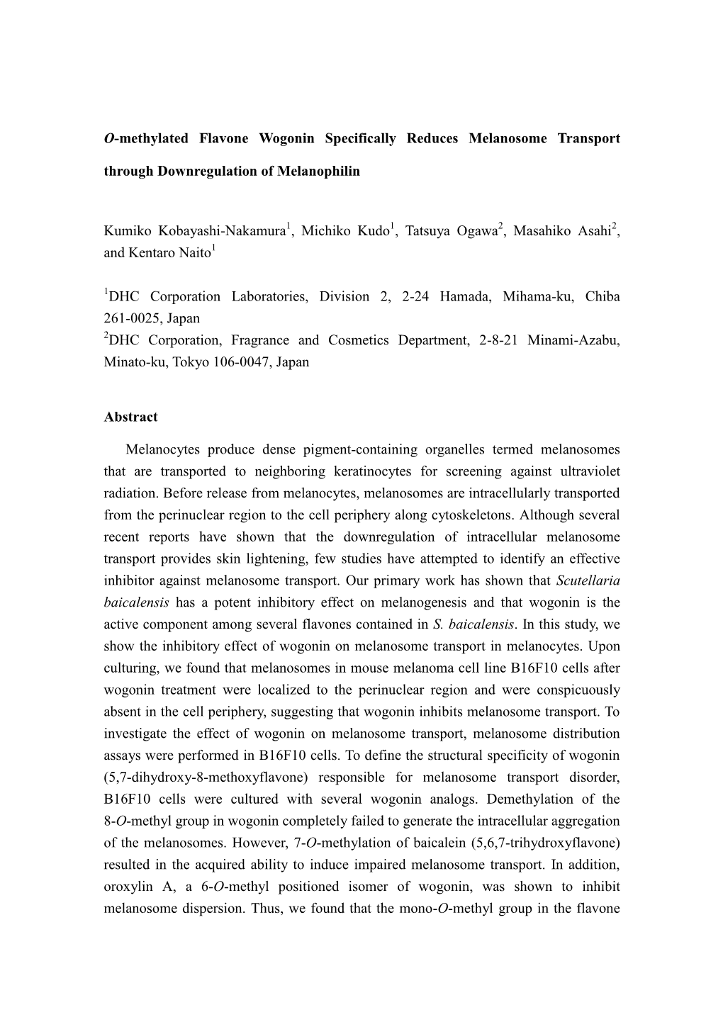 O-Methylated Flavone Wogonin Specifically Reduces Melanosome Transport Through Downregulation of Melanophilin