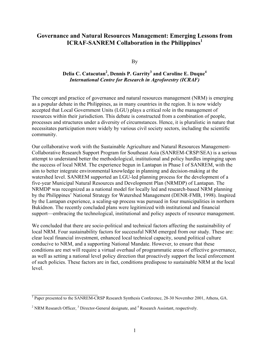 Governance and Natural Resources Management: Emerging Lessons from ICRAF-SANREM Collaboration in the Philippines1