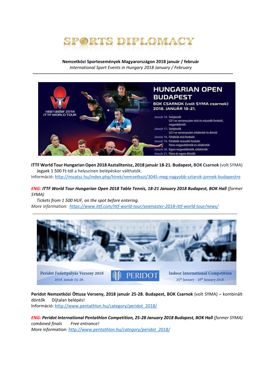 Nemzetközi Sportesemények Magyarországon 2018 Január / Február International Sport Events in Hungary 2018 January / February