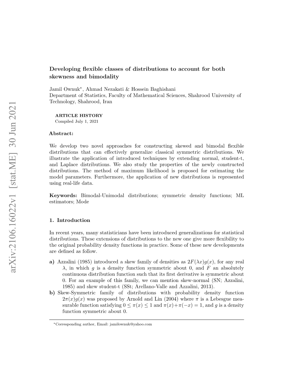 Arxiv:2106.16022V1 [Stat.ME] 30 Jun 2021 Continuous Distribution Function Such That Its ﬁrst Derivative Is Symmetric About 0