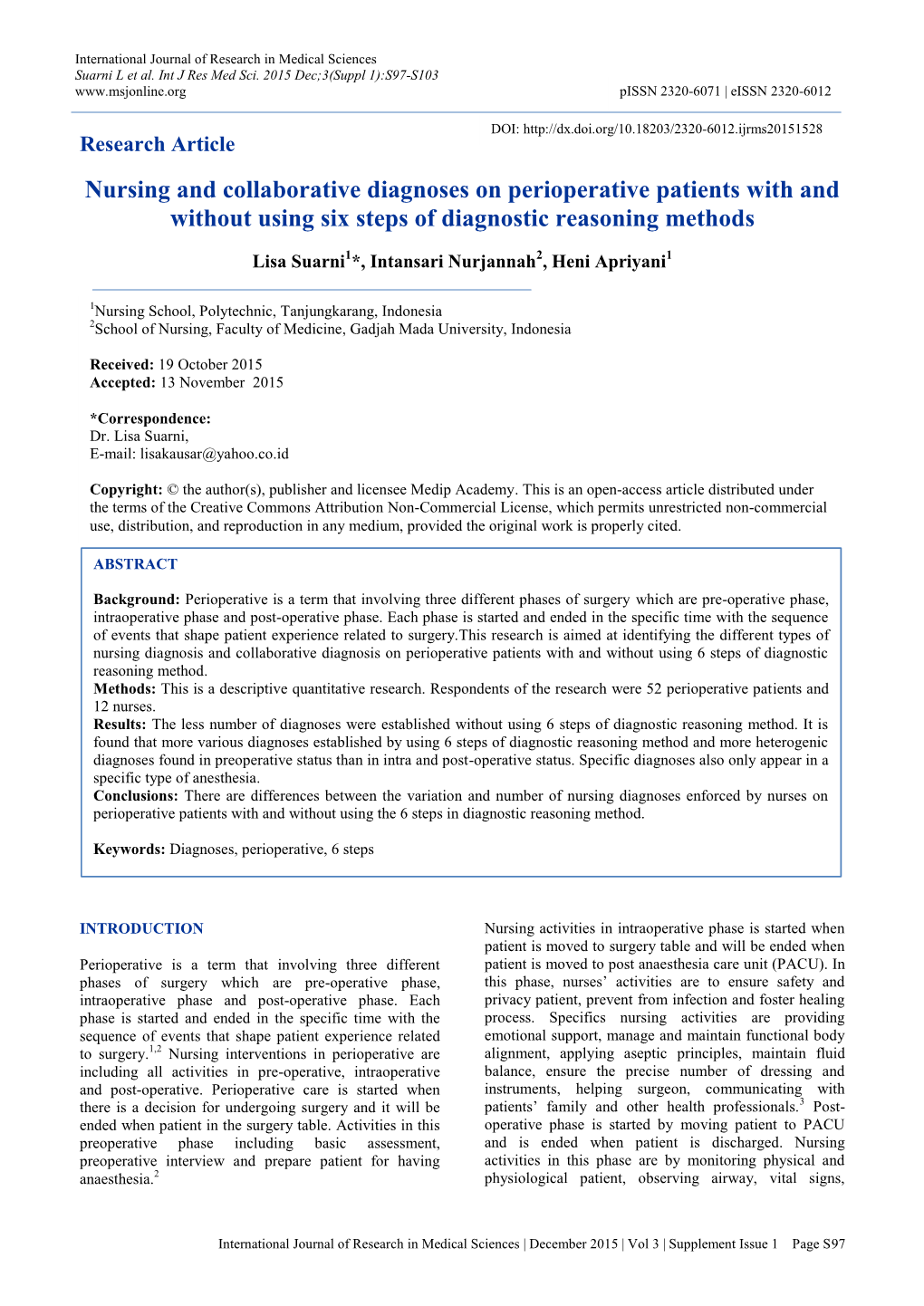 Nursing and Collaborative Diagnoses on Perioperative Patients with and Without Using Six Steps of Diagnostic Reasoning Methods