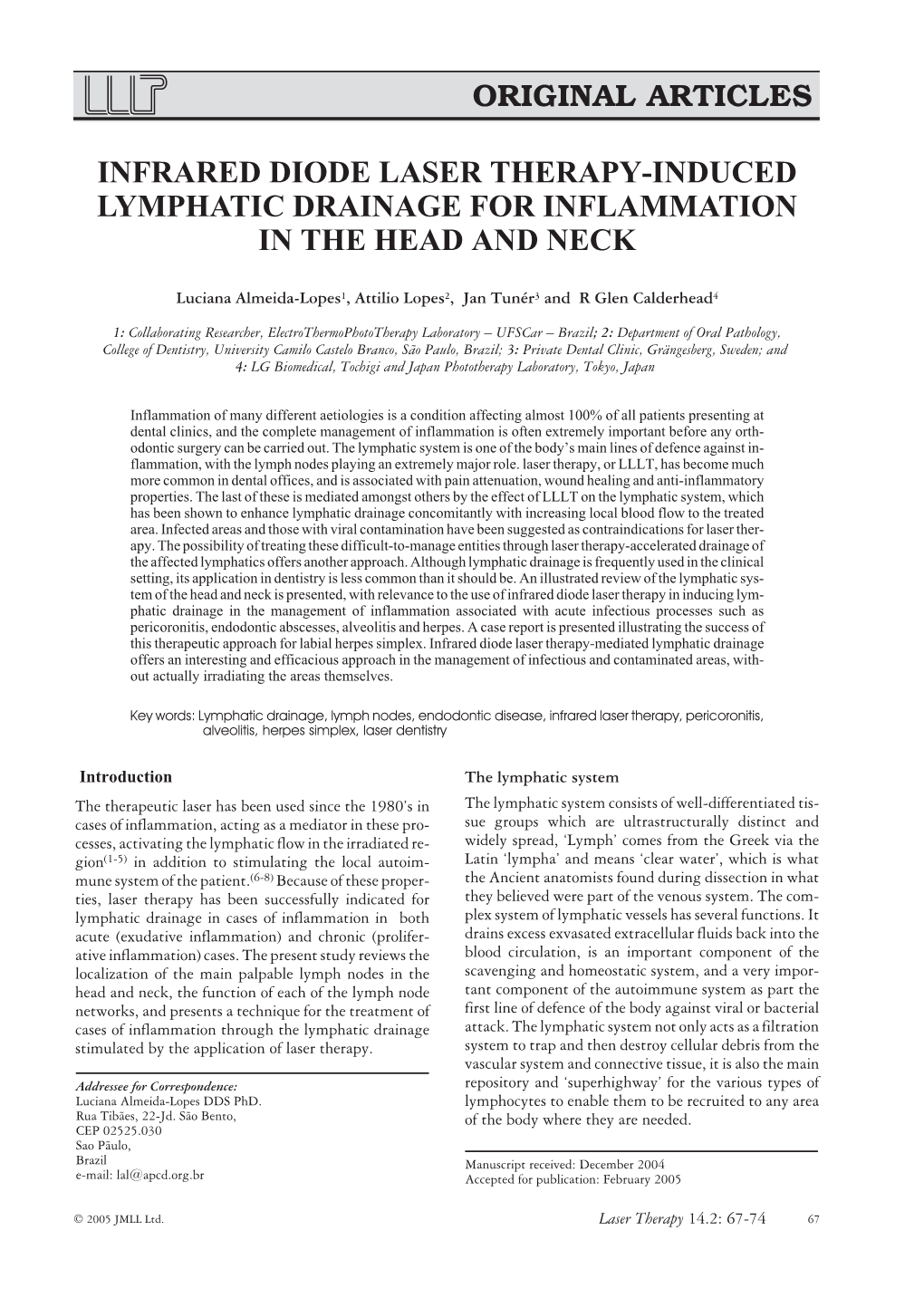 Infrared Diode Laser Therapy-Induced Lymphatic Drainage for Inflammation in the Head and Neck