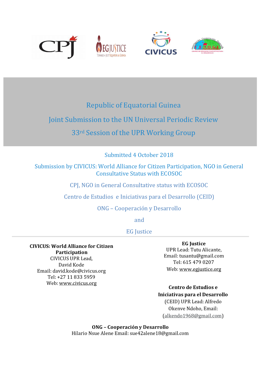 Equatorial Guinea Joint Submission to the UN Universal Periodic Review 33Rd Session of the UPR Working Group