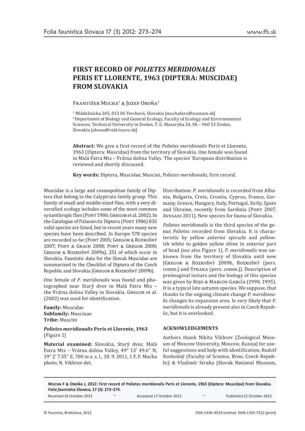 First Record of Polietes Meridionalis Peris Et Llorente, 1963 (Diptera: Muscidae) from Slovakia