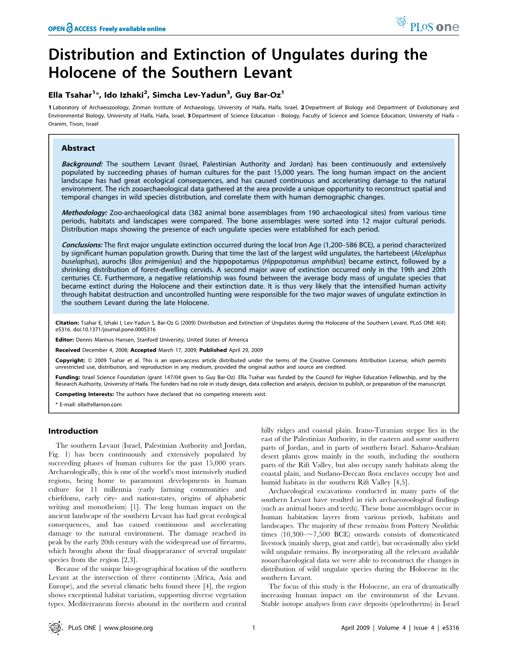 Distribution and Extinction of Ungulates During the Holocene of the Southern Levant