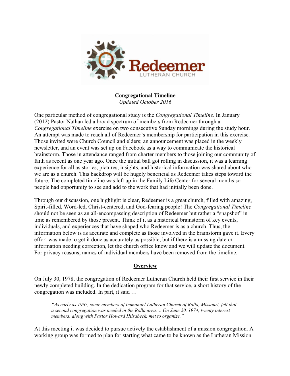 Congregational Timeline Updated October 2016 One Particular Method of Congregational Study Is the Congregational Timeline. in Ja