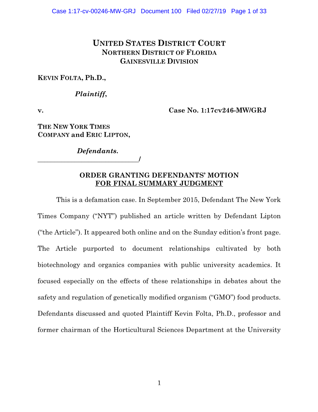 Folta V Nytimes Summary Judgment