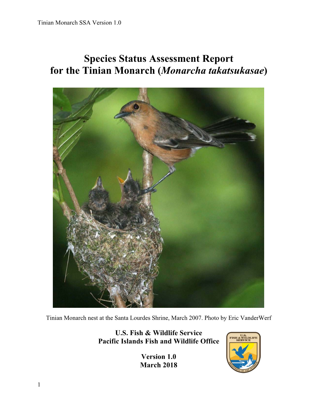 Species Status Assessment Report for the Tinian Monarch (Monarcha Takatsukasae)