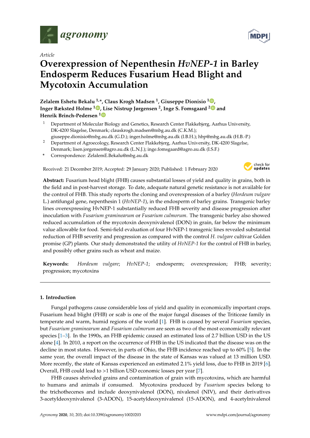 Overexpression of Nepenthesin Hvnep-1 in Barley Endosperm Reduces Fusarium Head Blight and Mycotoxin Accumulation