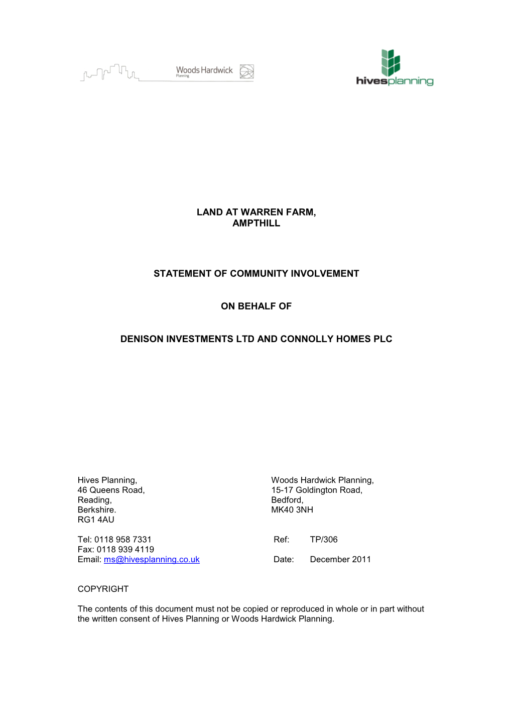 Land at Warren Farm, Ampthill Statement of Community Involvement on Behalf of Denison Investments Ltd and Connolly Homes