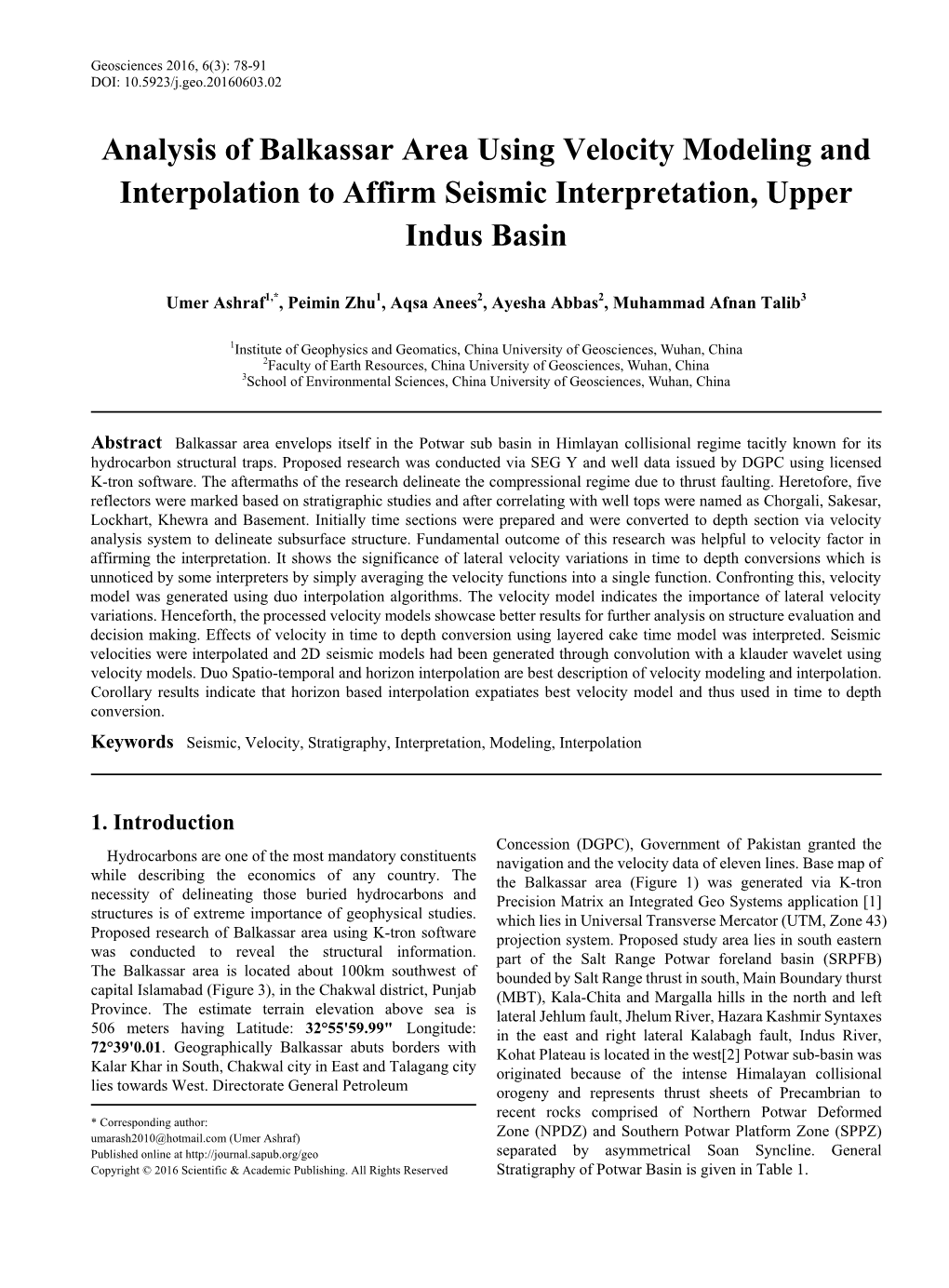 Analysis of Balkassar Area Using Velocity Modeling and Interpolation to Affirm Seismic Interpretation, Upper Indus Basin