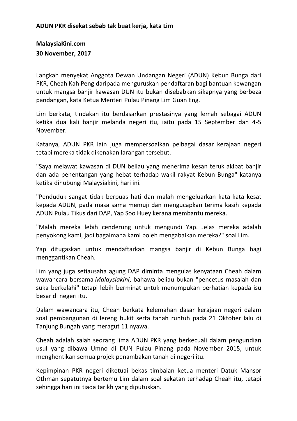 ADUN PKR Disekat Sebab Tak Buat Kerja, Kata Lim Malaysiakini.Com