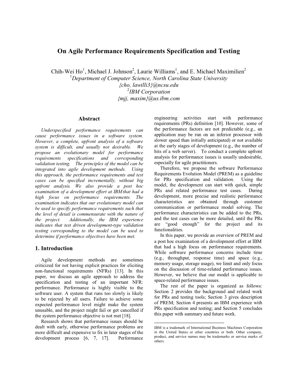 On Agile Performance Requirements Specification and Testing