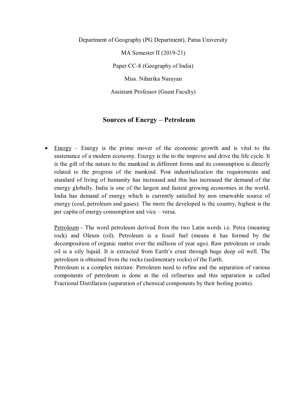 Sources of Energy – Petroleum