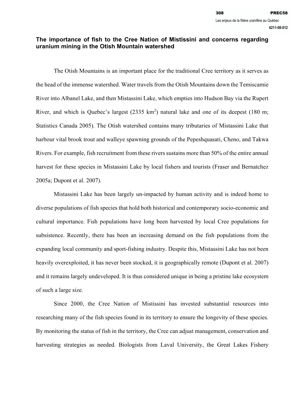 The Importance of Fish to the Cree Nation of Mistissini and Concerns Regarding Uranium Mining in the Otish Mountain Watershed