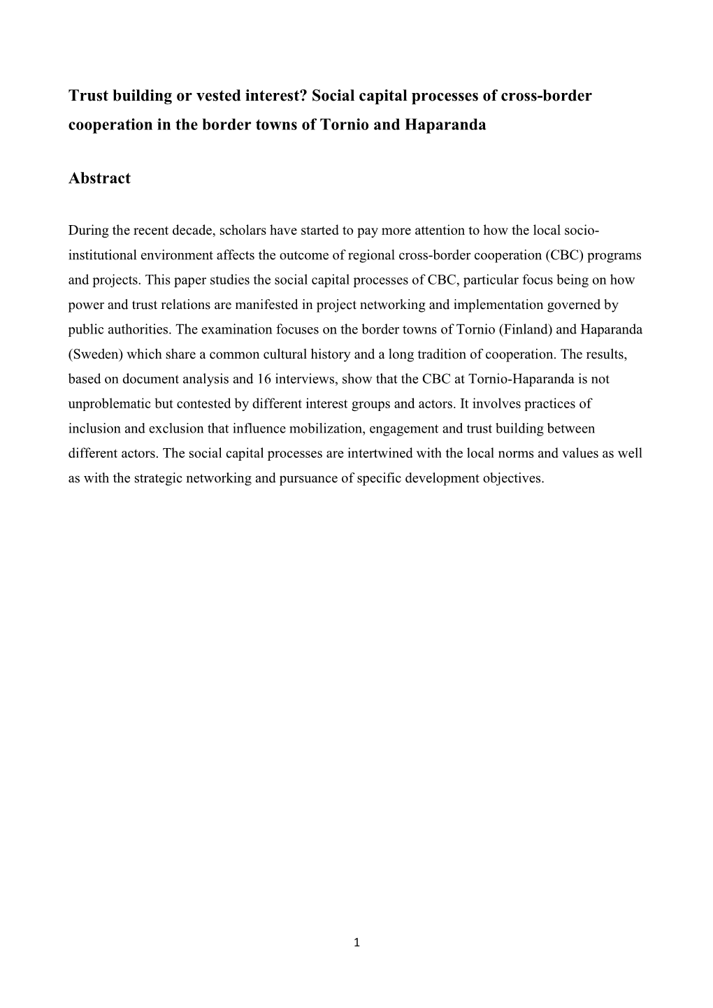 Social Capital Processes of Cross-Border Cooperation in the Border Towns of Tornio and Haparanda