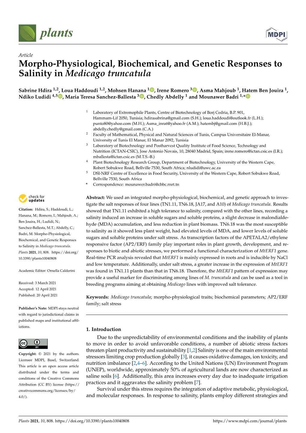 Morpho-Physiological, Biochemical, and Genetic Responses to Salinity in Medicago Truncatula