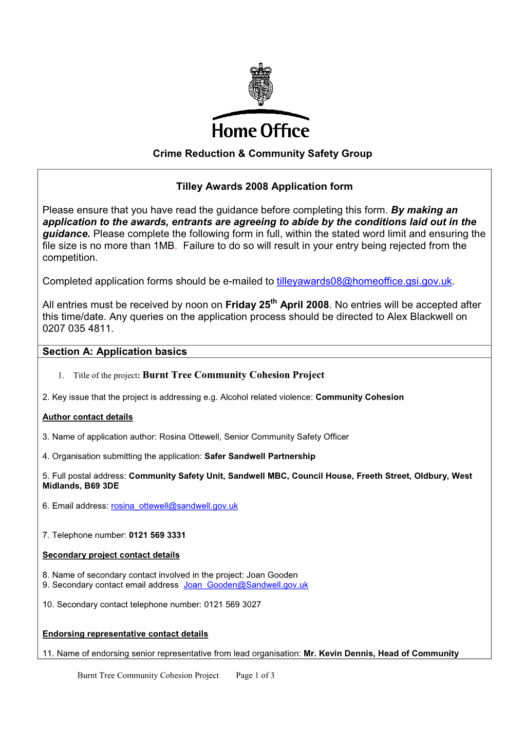 Crime Reduction & Community Safety Group Tilley Awards 2008 Application Form Please Ensure That You Have Read the Guidance B