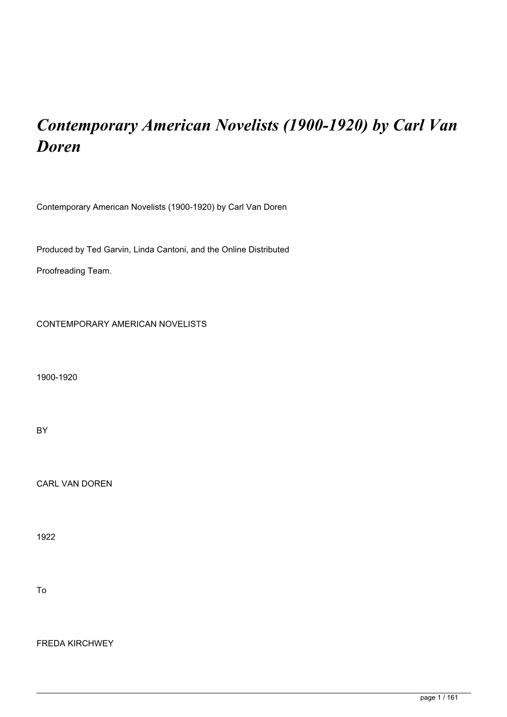 Contemporary American Novelists (1900-1920) by Carl Van Doren</H1>