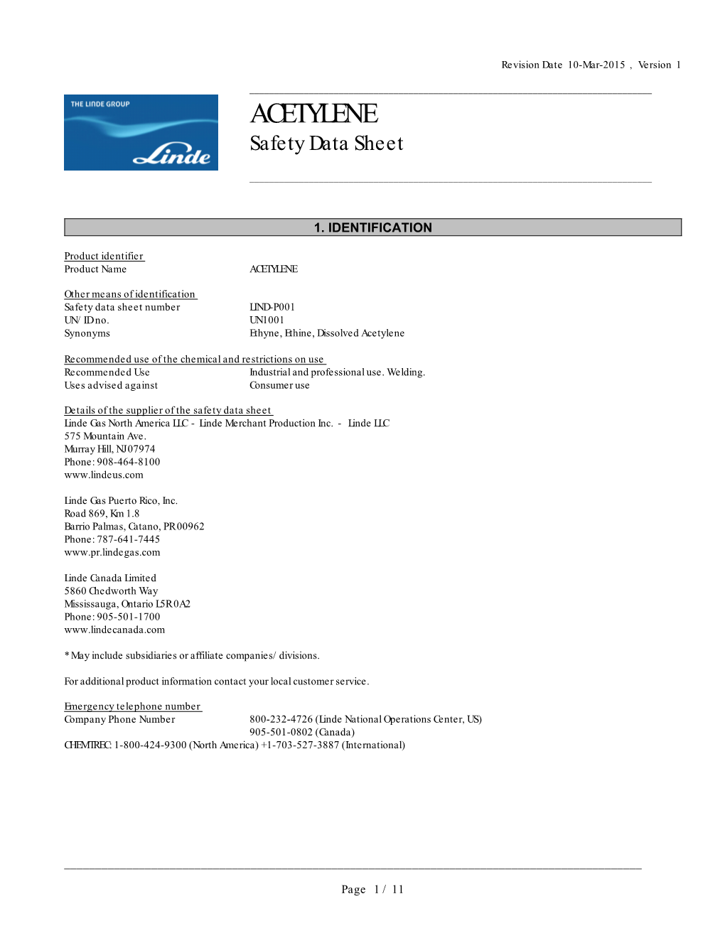 ACETYLENE Safety Data Sheet