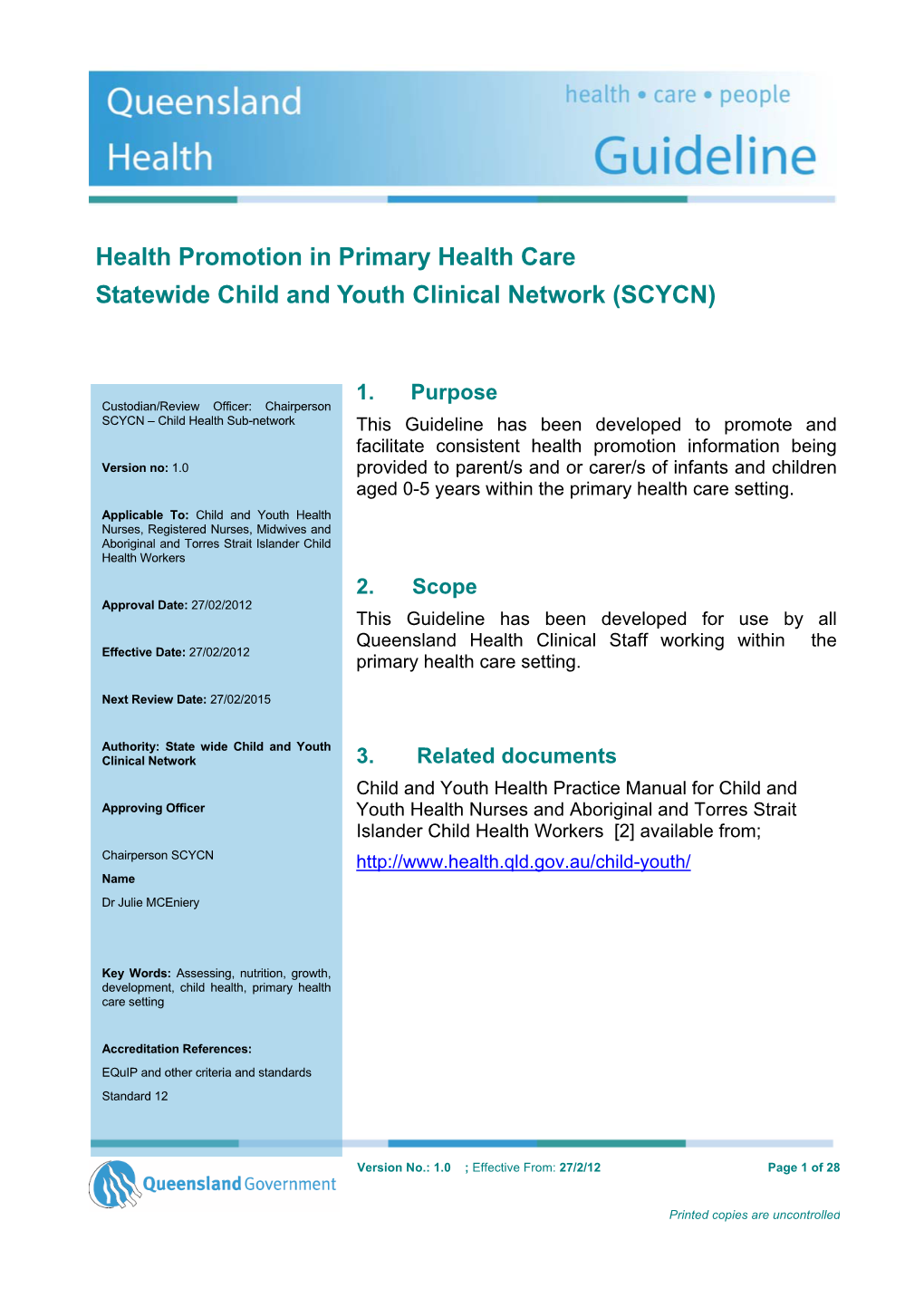 Health Promotion in Primary Health Care Statewide Child and Youth Clinical Network (SCYCN)
