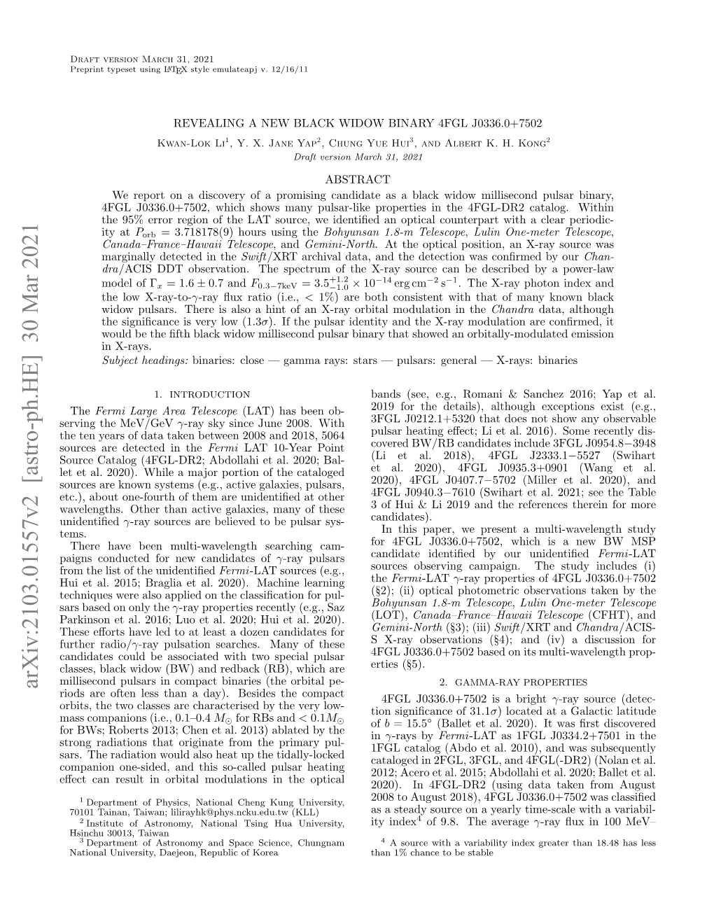 Arxiv:2103.01557V2 [Astro-Ph.HE] 30 Mar 2021 Riods Are Often Less Than a Day)