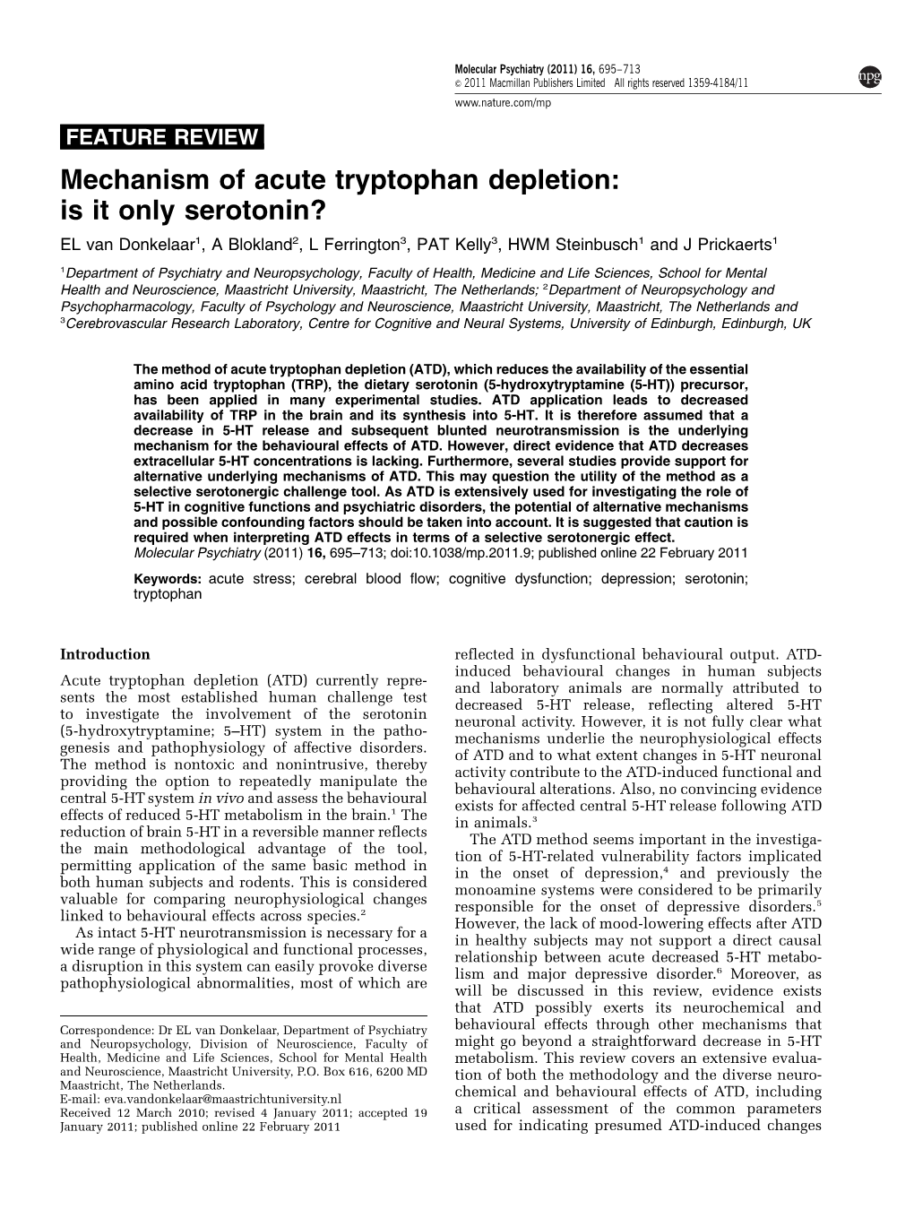 Mechanism of Acute Tryptophan Depletion