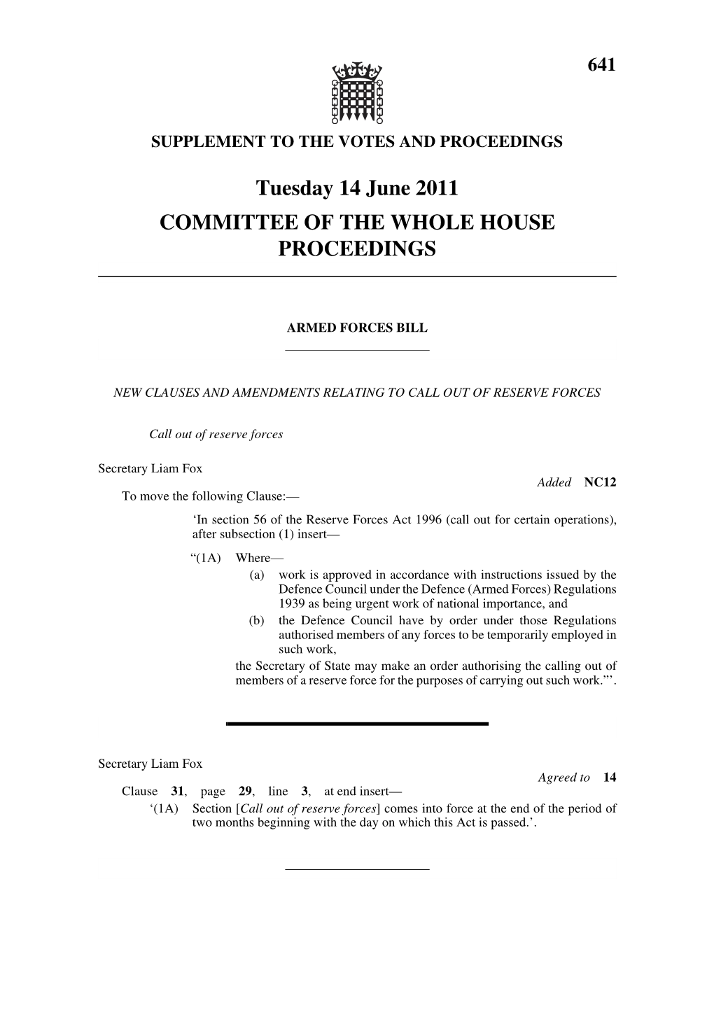 Tuesday 14 June 2011 COMMITTEE of the WHOLE HOUSE PROCEEDINGS