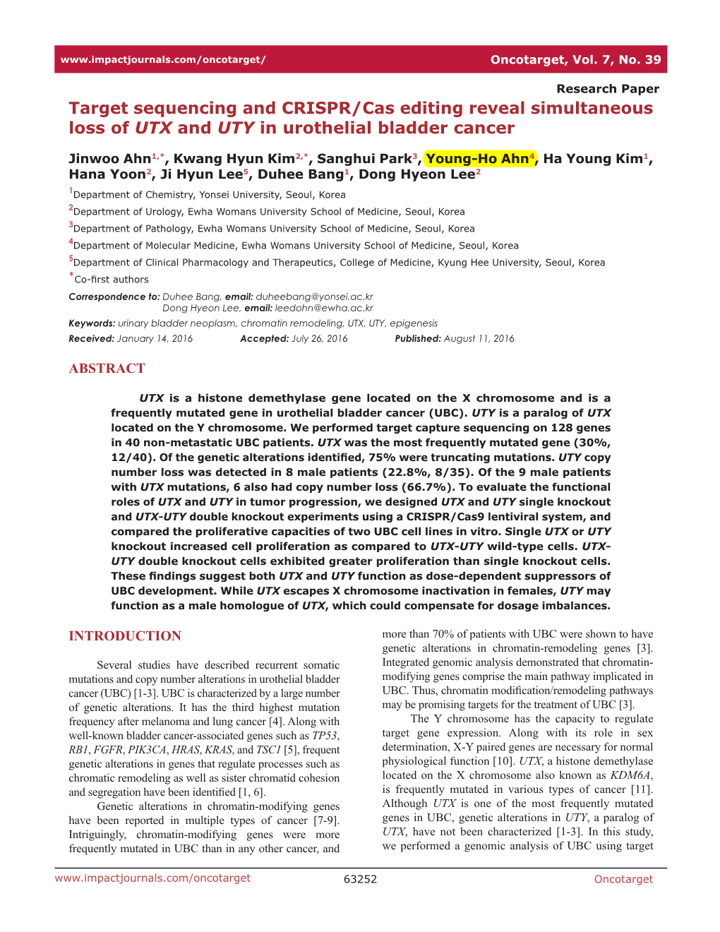 Target Sequencing and CRISPR/Cas Editing Reveal Simultaneous Loss of UTX and UTY in Urothelial Bladder Cancer