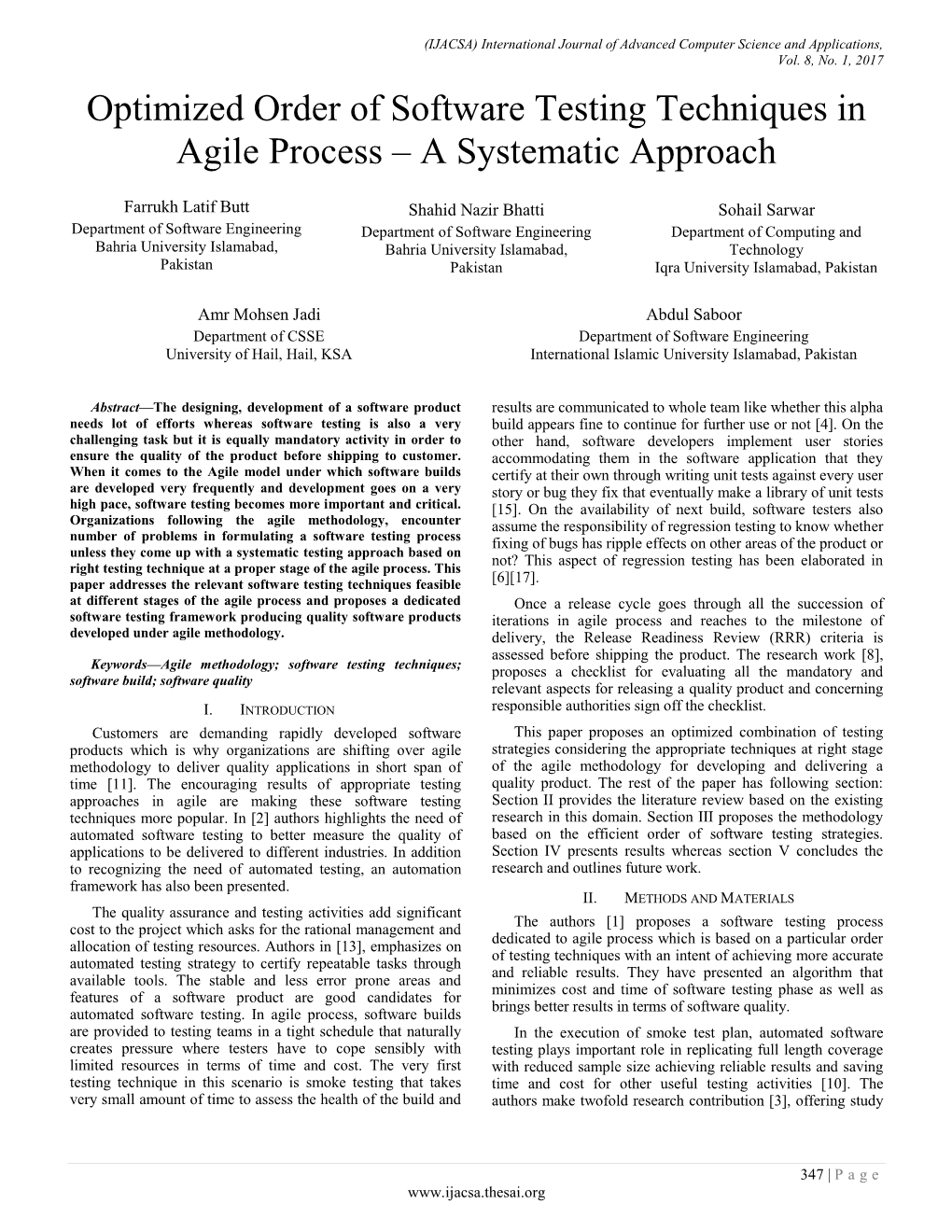 Optimized Order of Software Testing Techniques in Agile Process – a Systematic Approach