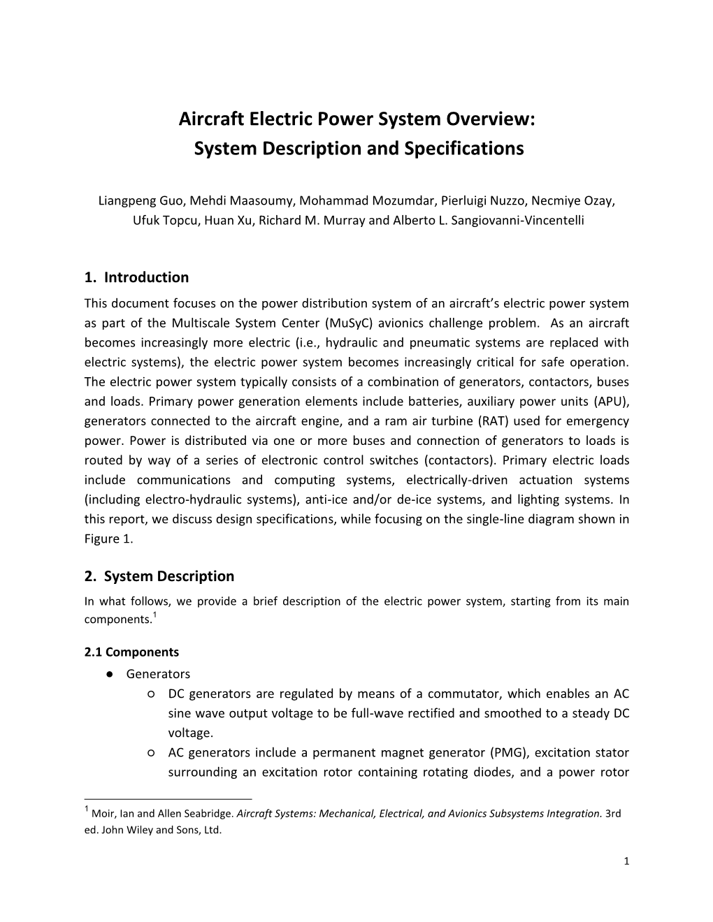 Aircraft Electric Power System Overview: System Description and Specifications