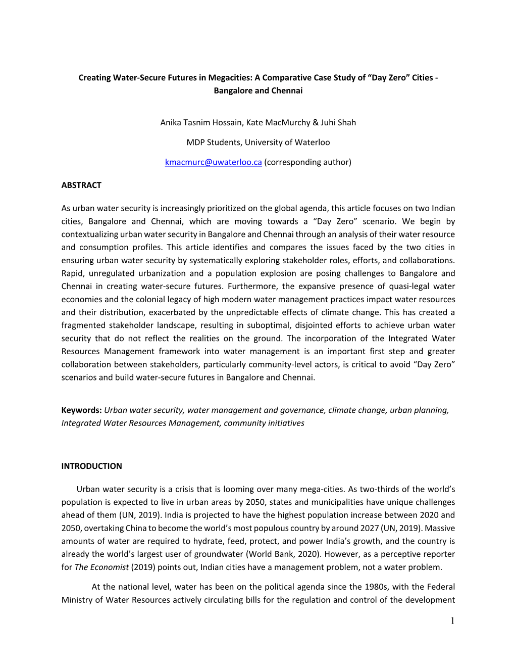 Creating Water-Secure Futures in Megacities: a Comparative Case Study of “Day Zero” Cities - Bangalore and Chennai