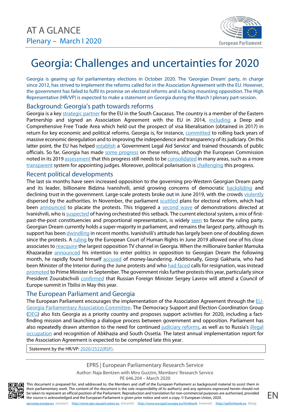 Georgia: Challenges and Uncertainties for 2020