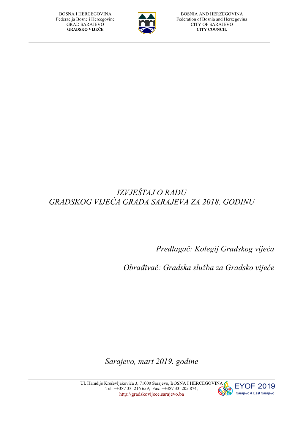 Izvještaj O Radu Gradskog Vijeća Grada Sarajeva Za 2018