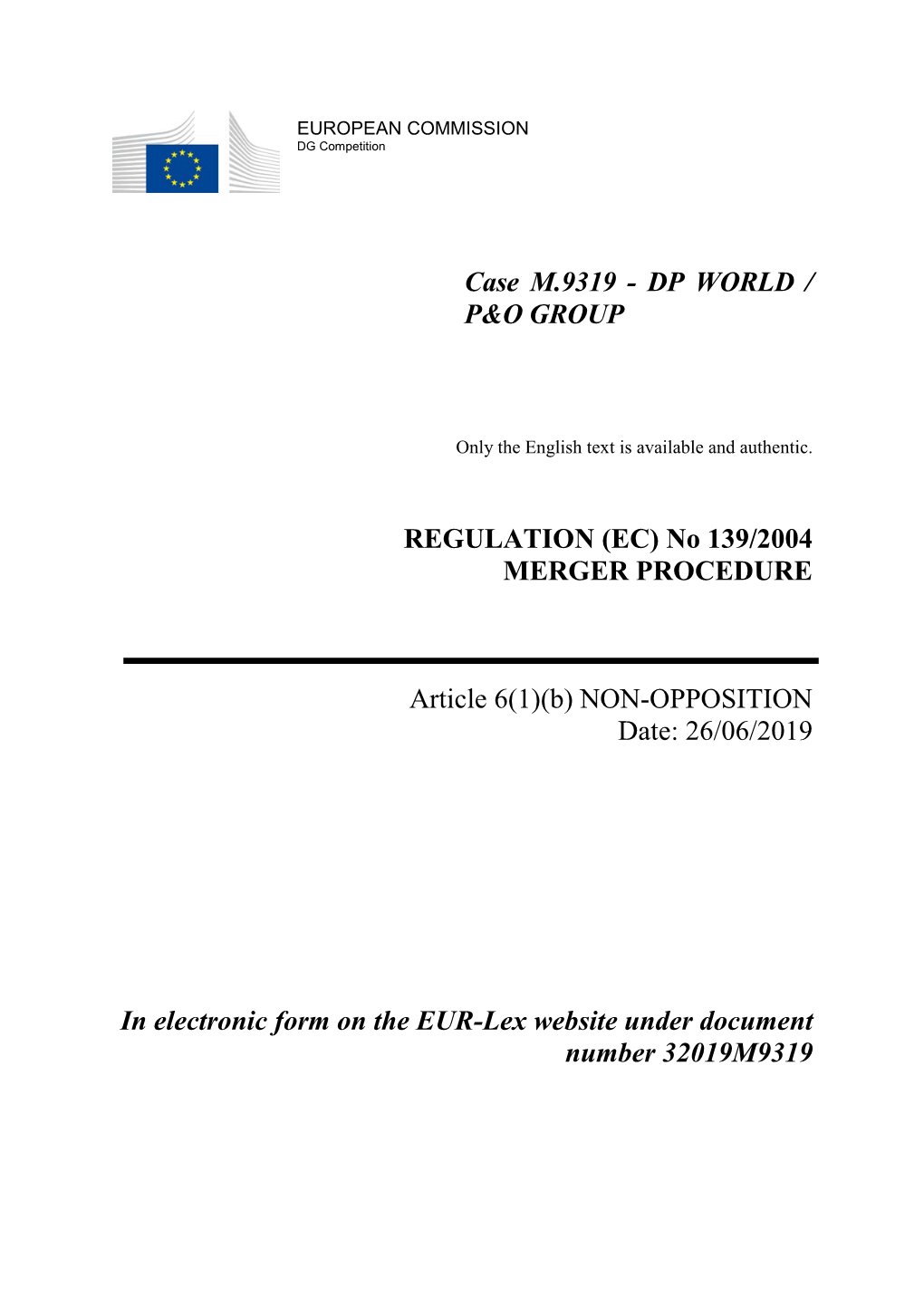 Case M.9319 - DP WORLD / P&O GROUP