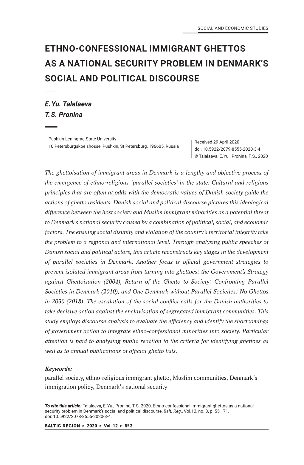 Ethno-Confessional Immigrant Ghettos As a National Security Problem in Denmark’S Social and Political Discourse