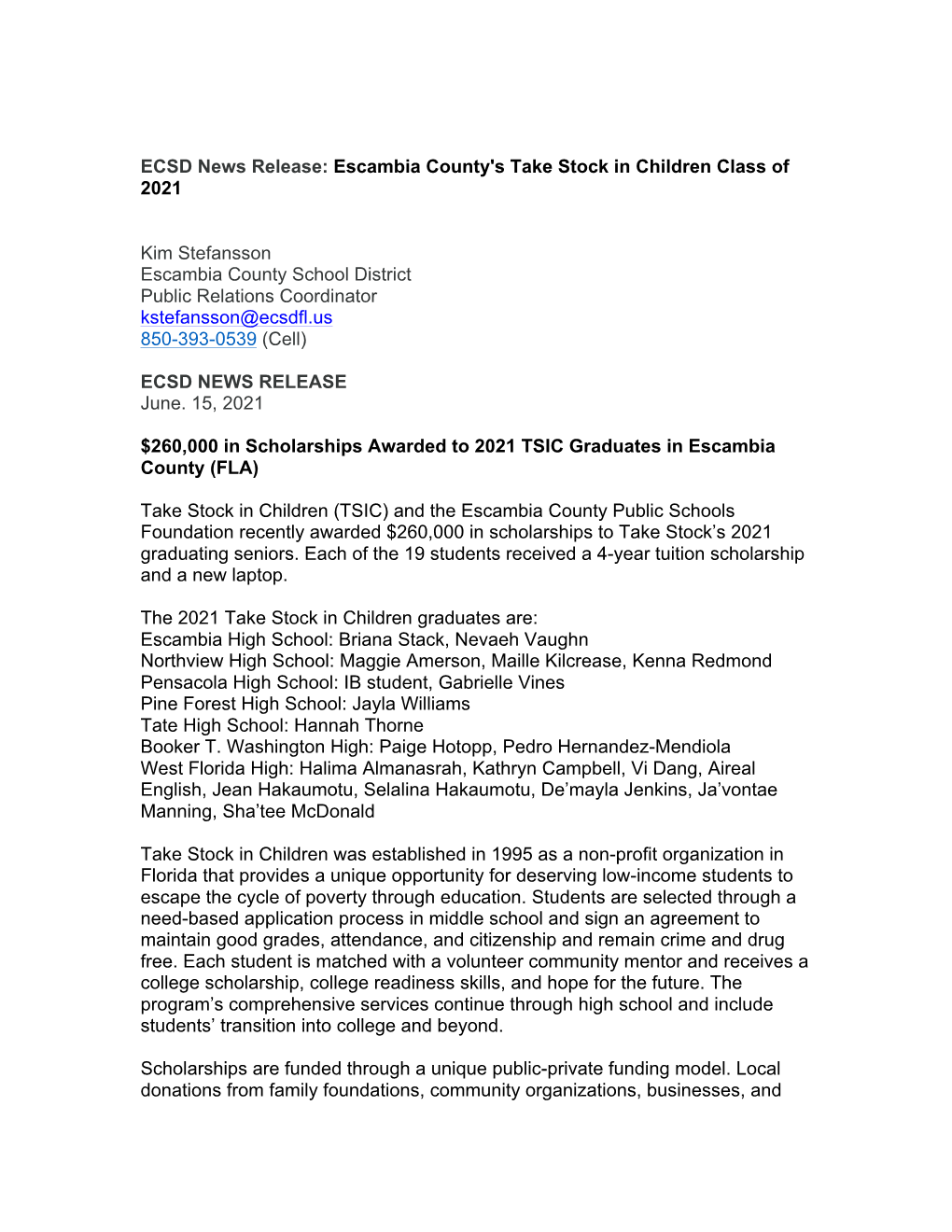 ECSD News Release: Escambia County's Take Stock in Children Class of 2021