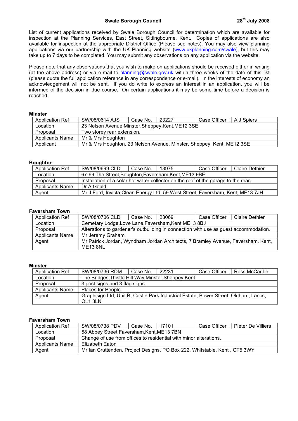 Swale Borough Council 28Th July 2008 List of Current Applications Received by Swale Borough Council for Determination Which