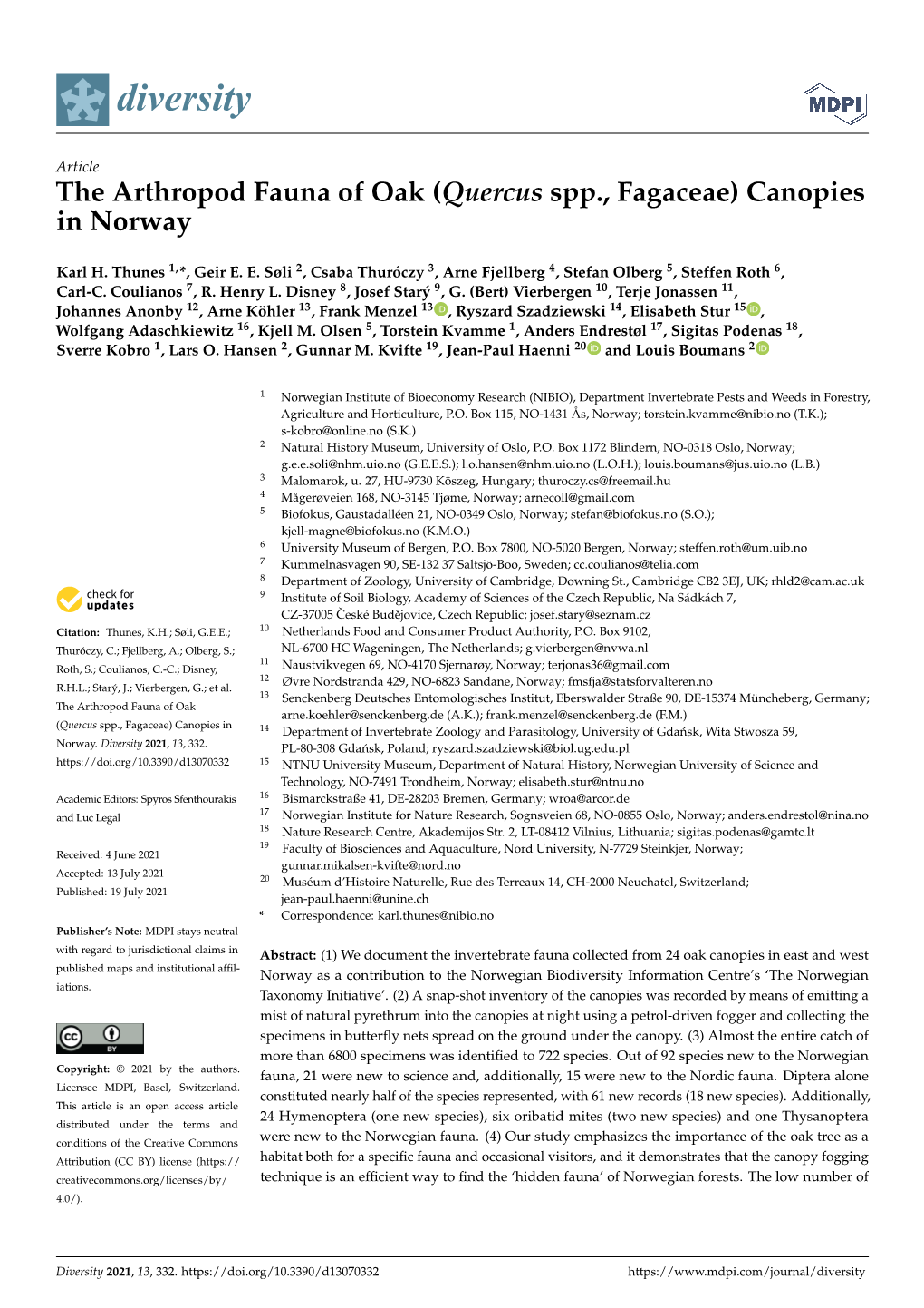 The Arthropod Fauna of Oak (Quercus Spp., Fagaceae) Canopies in Norway