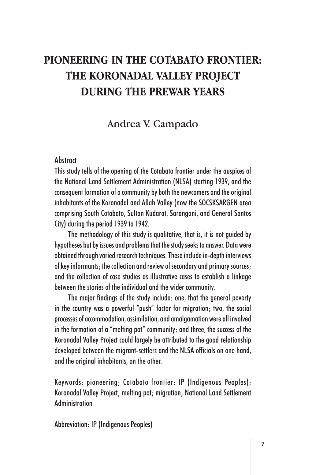 Pioneering in the Cotabato Frontier: the Koronadal Valley Project During the Prewar Years