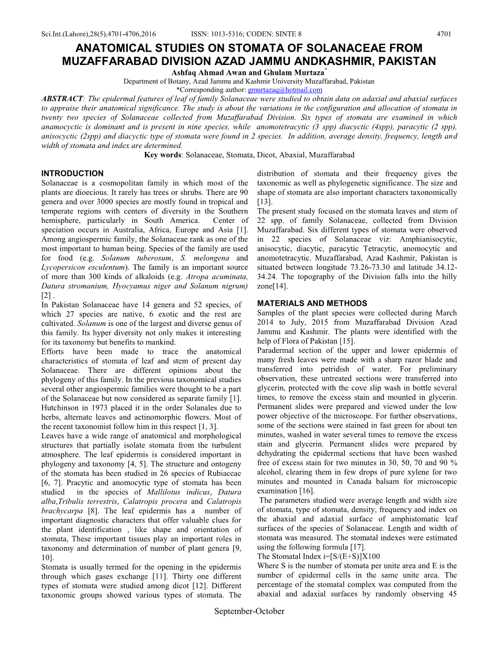 Anatomical Studies on Stomata of Solanaceae from Muzaffarabad Division Azad Jammu Andkashmir, Pakistan