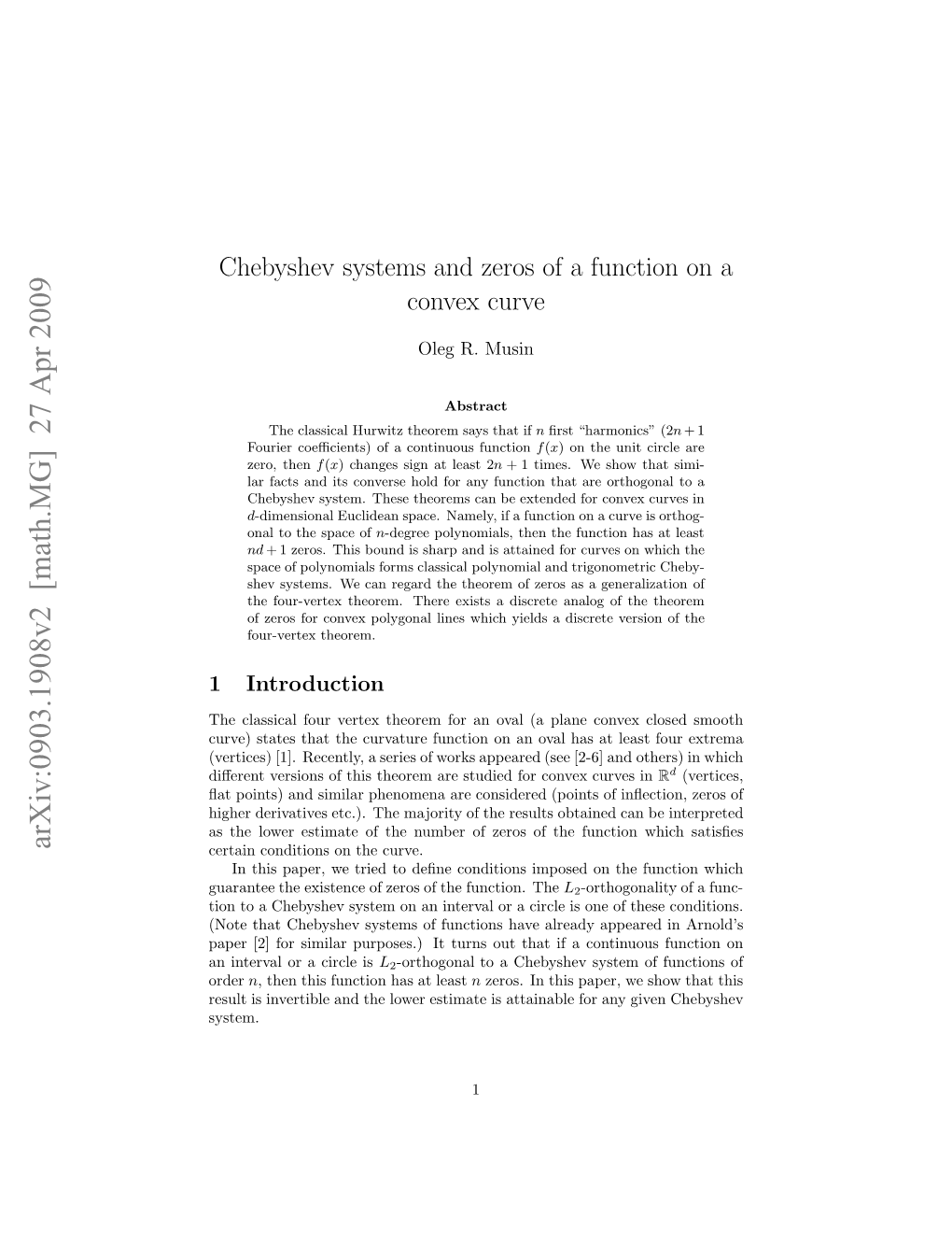 Chebyshev Systems and Zeros of a Function on a Convex Curve, PROCEEDINGS of the STEKLOV INSTITUTE of MATHEMATICS, Vol