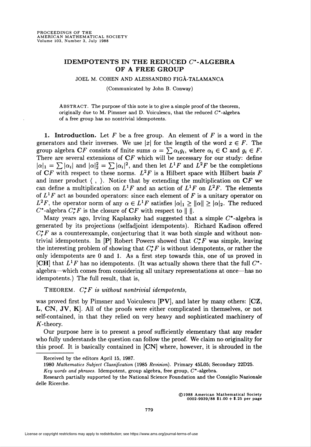 Idempotents in the Reduced C*-Algebra of a Free Group Joel M