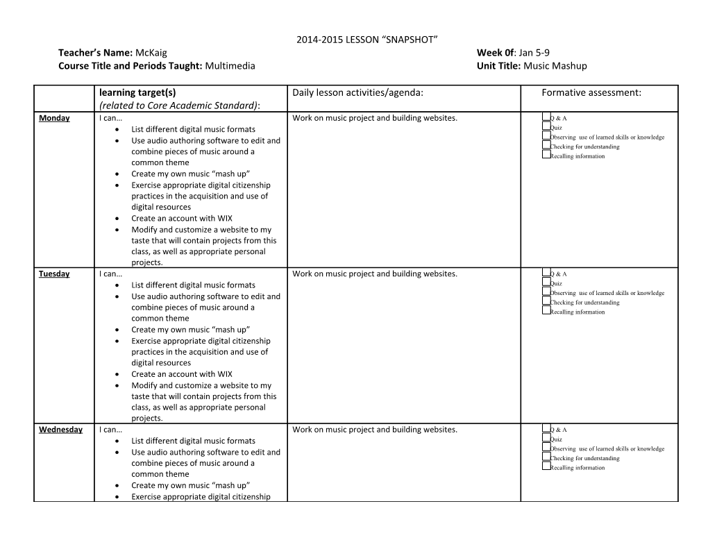 Course Title and Periods Taught: Multimedia Unit Title: Music Mashup