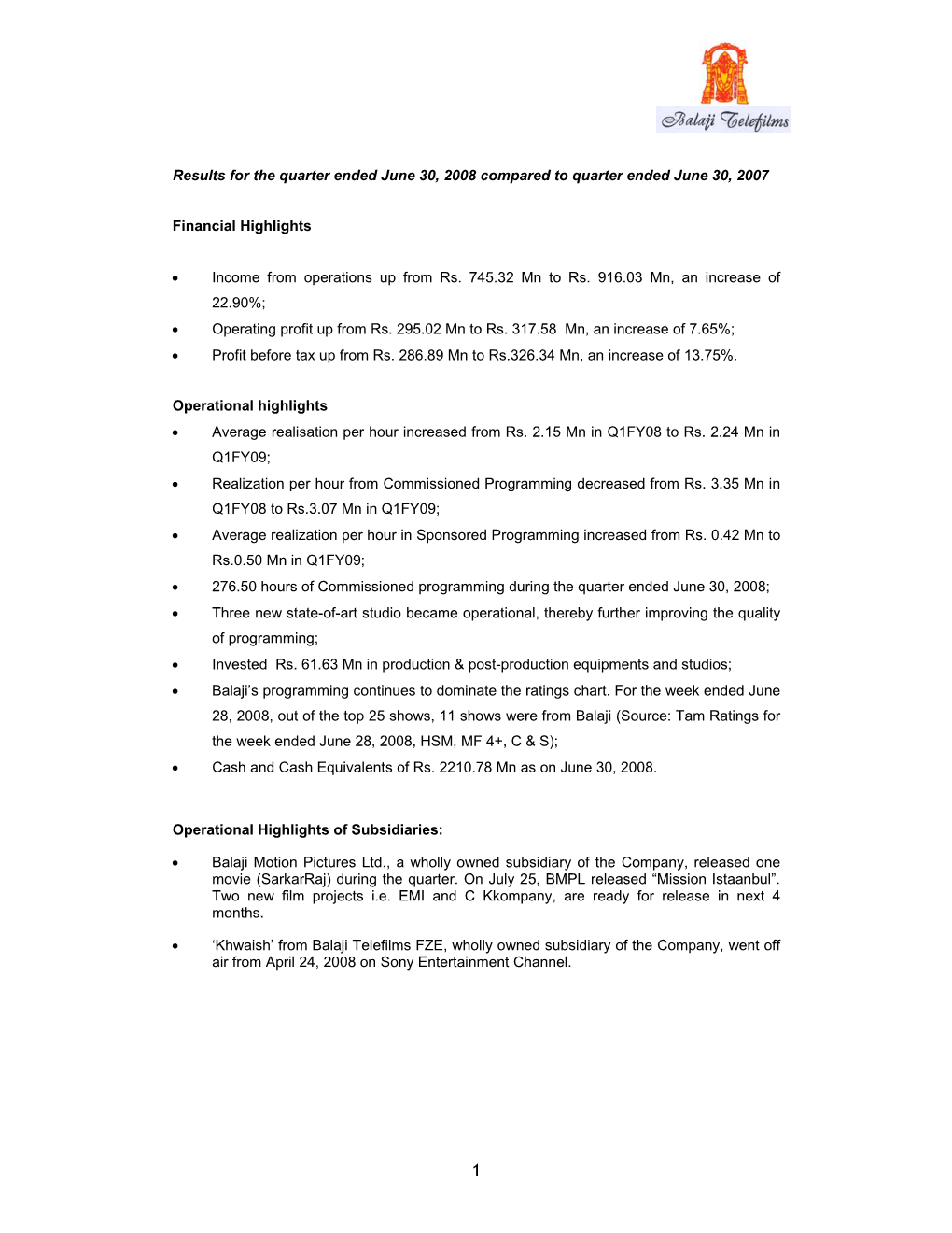 Results for the Quarter Ended June 30, 2008 Compared to Quarter Ended June 30, 2007