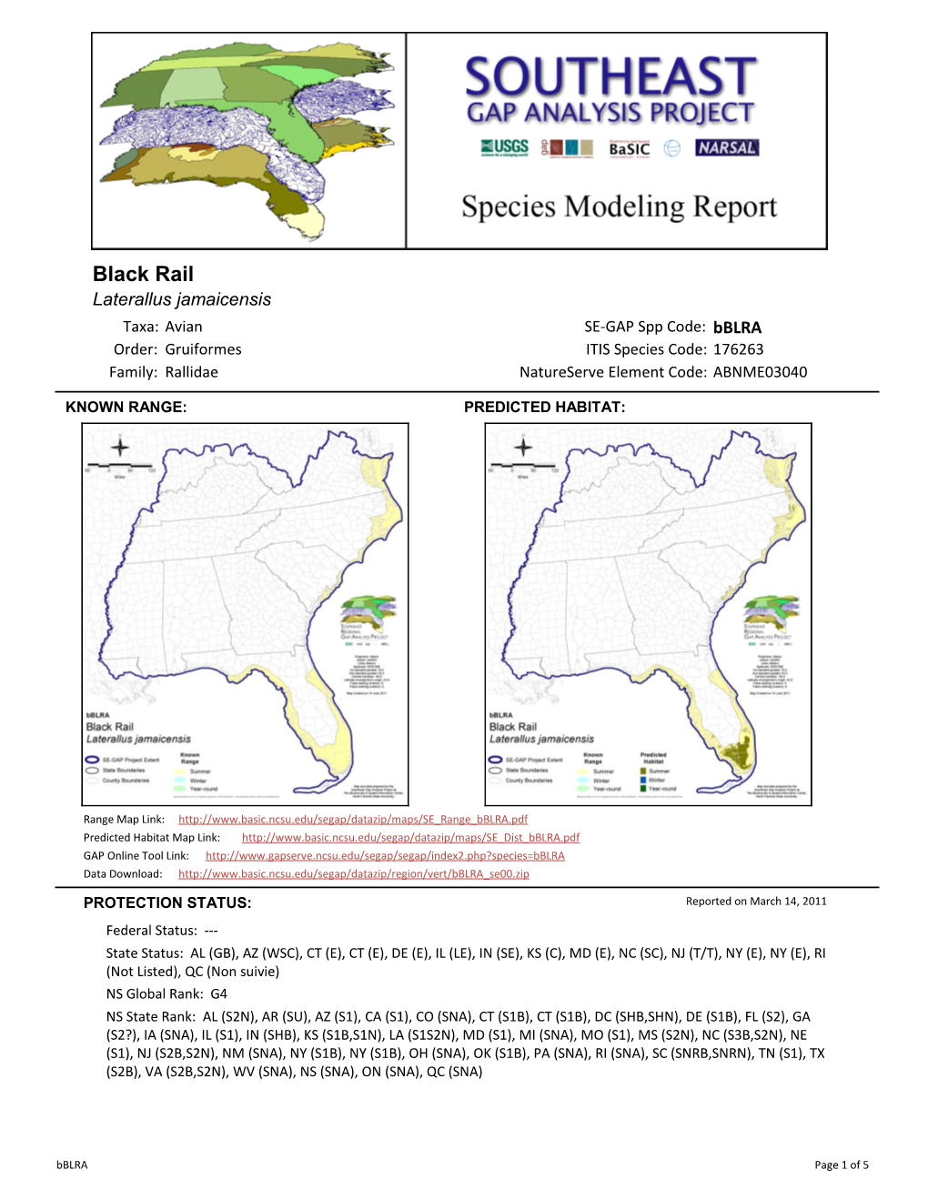 Black Rail Laterallus Jamaicensis Taxa: Avian SE-GAP Spp Code: Bblra Order: Gruiformes ITIS Species Code: 176263 Family: Rallidae Natureserve Element Code: ABNME03040