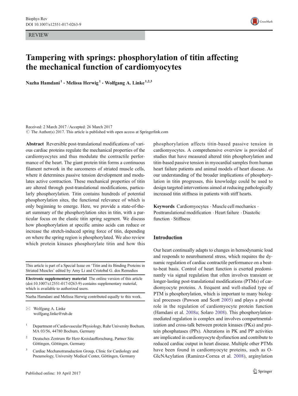 Phosphorylation of Titin Affecting the Mechanical Function of Cardiomyocytes